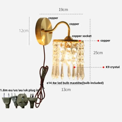 Antique brass crystal led wall sconce with brass-finished copper and dangling k9 crystal droplets for bedroom decorbites crystal led lighting
