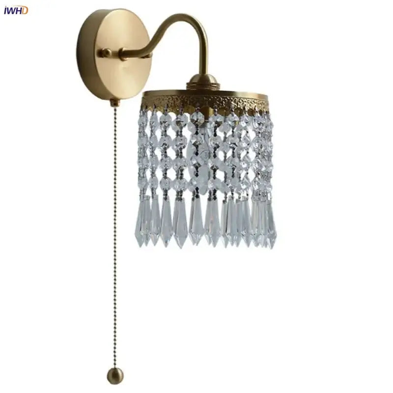 Antique brass crystal led wall sconce with cascading clear beads and decorative beaded pull chain for bedroom decorbites crystal led lighting