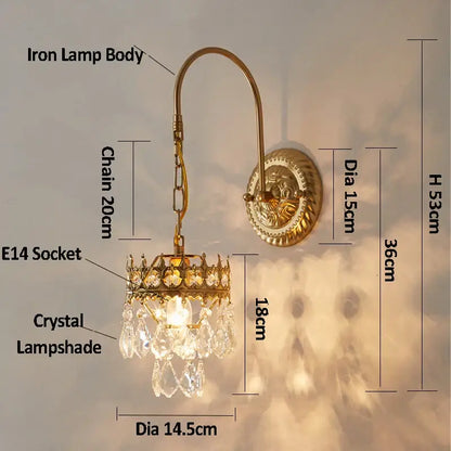 Antique brass wall lamp with gold-toned wrought iron and decorbites crystal wall lampshade for luxury bedroom decor