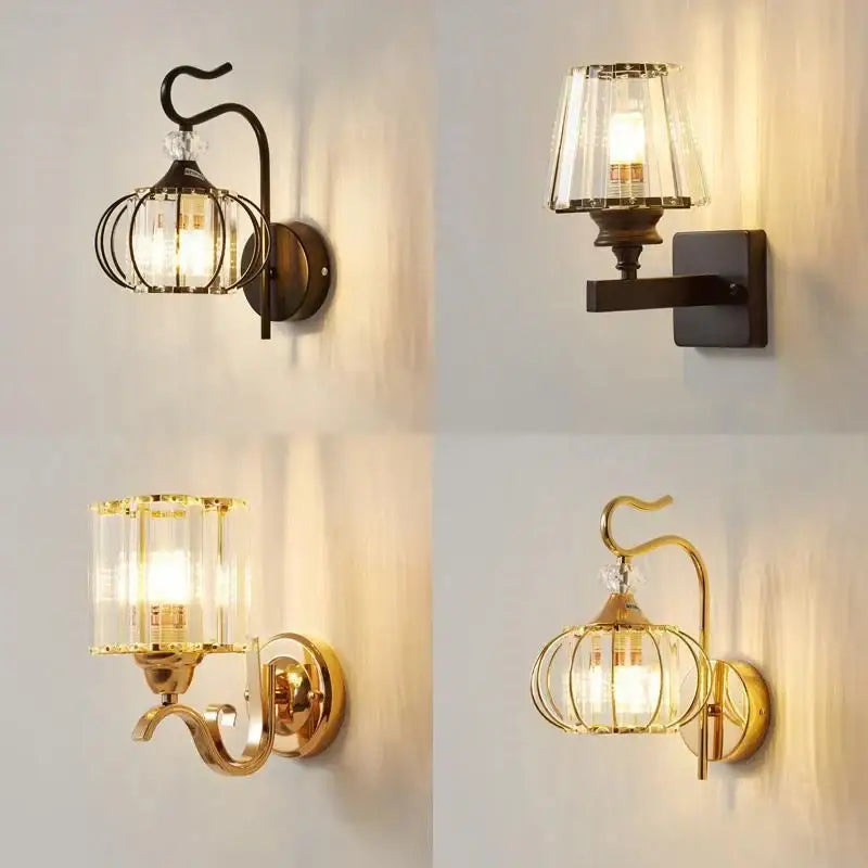 Four elegant wall lamps with antique brass and dark bronze glass cages featuring decorbites crystal led bulbs