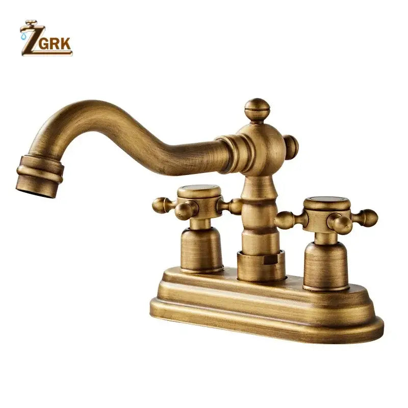 Antique brass deck mounted double handle basin sink faucet with curved spout and brass housing material