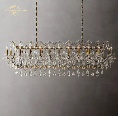 Antique brass decorbites crystal iron chandelier with cascading clear crystal droplets for dining room decor
