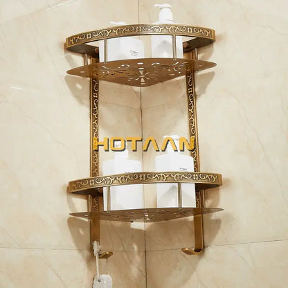 Antique brass double layer corner shelf with gold ornate floral cutouts made from decorbites antique aluminum