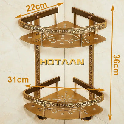 Antique brass double layer corner shelf bathroom ornate storage rack with floral cutout patterns and rounded edges by DecorBites