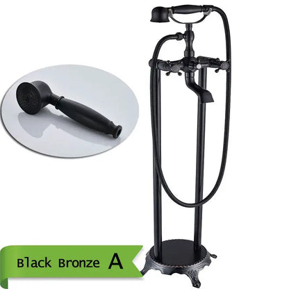 Black bronze dual handle bath set with tall ornate stand and handheld showerhead decorbites brass floor mount