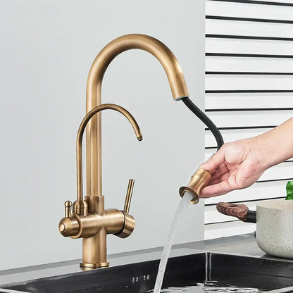 Antique brass dual handle kitchen faucet with pull out spray head and curved spout by decorbites dual handle