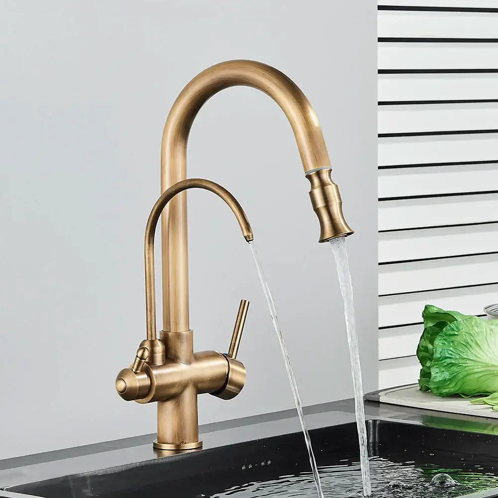Antique brass dual handle kitchen faucet with high arc spout and dual spray heads by decorbites
