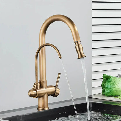 Antique brass dual handle kitchen faucet with high arc spout and dual spray heads by decorbites