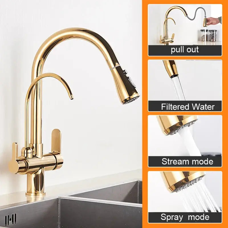 Antique brass dual handle kitchen faucet with pull out spray head in gold offering filtered water spray and stream modes decorbites dual handle