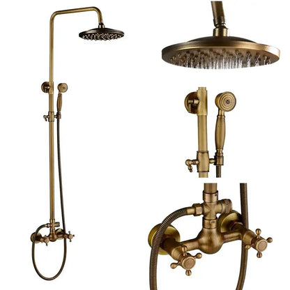 Antique brass dual handle shower faucet set with tall rainhead handheld spray and wall-mounted mixer valve