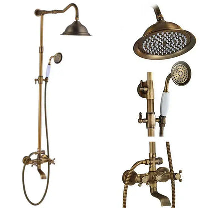 Antique brass dual handle shower faucet set with shelf featuring vintage-style fixed overhead rainhead and handheld spray head