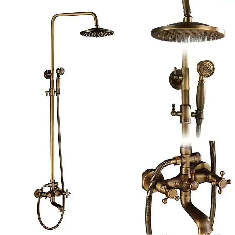 Antique brass dual handle shower faucet set with tall rainhead handheld spray and wall-mounted shelf for bathroom use