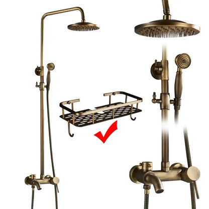 Antique brass dual handle shower faucet set with brass-finished shelf and black metal grid for bathroom organization