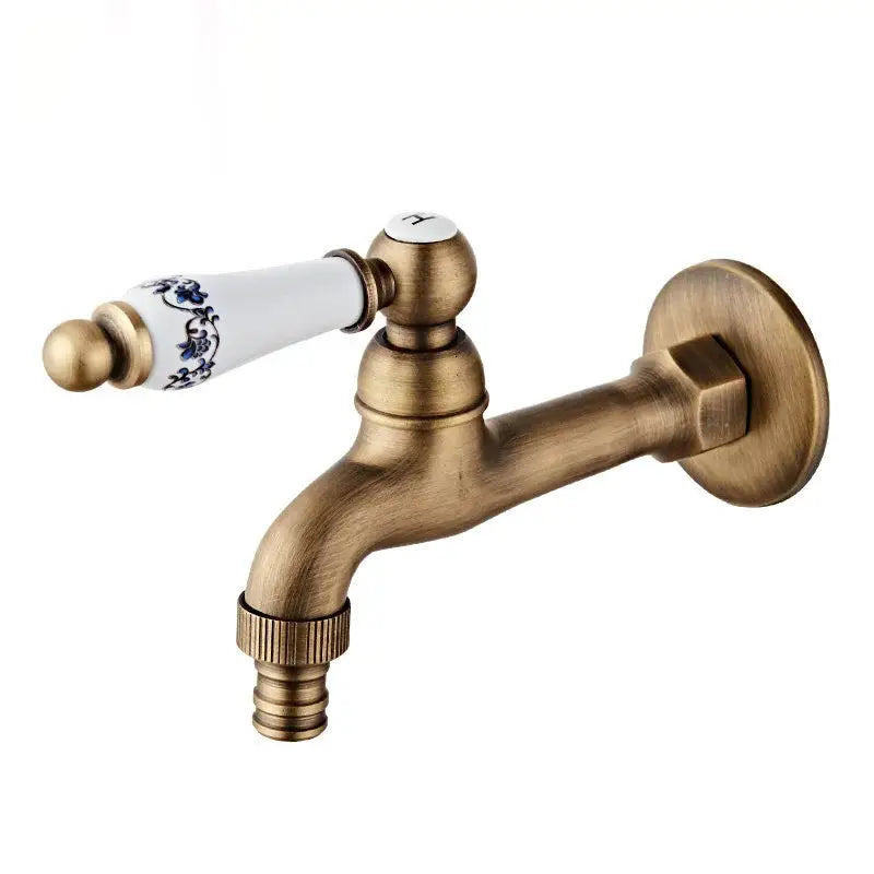 Antique brass floral ceramic wall mounted basin faucet with white ceramic handle and blue floral patterns for bathroom