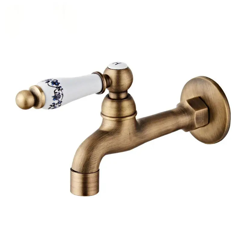 Antique brass floral ceramic wall mounted basin faucet with white handle and blue floral patterns for bathroom use