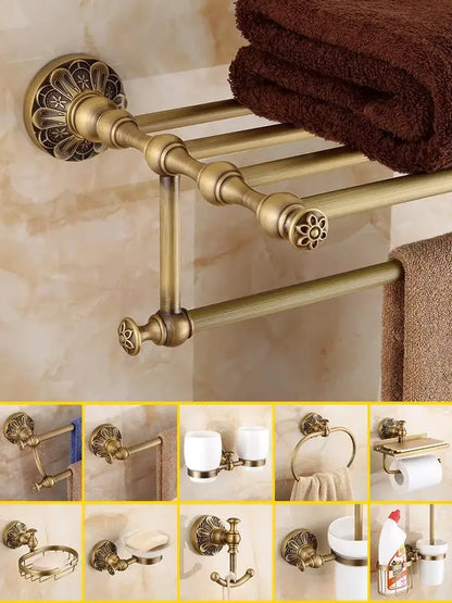 Antique brass floral hardware set bathroom double tier towel rack with ornate detailing for decorbites brass bathroom use
