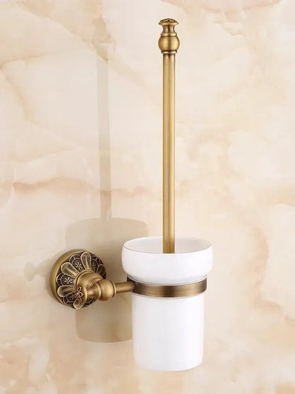 Antique brass floral bathroom hardware set featuring a brass bathroom decorbites toilet brush holder with ceramic cup
