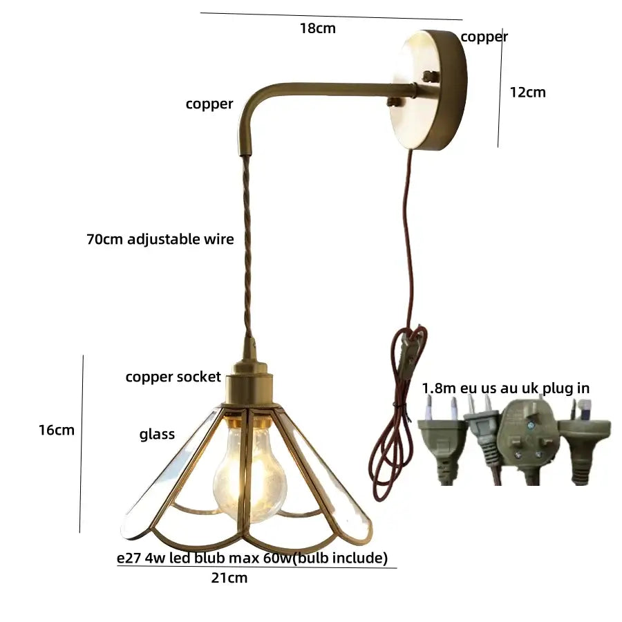 Antique brass flower led wall light with glass shade and adjustable wire for bedroom sconce with pull chain