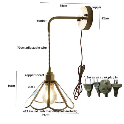 Antique brass flower led wall light with glass shade and adjustable wire for bedroom sconce with pull chain