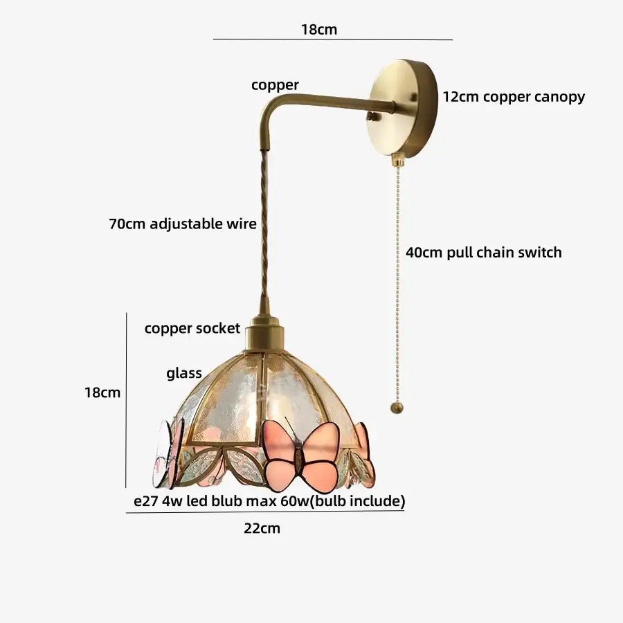 Antique brass flower glass led wall light with a decorative copper sconce and pink butterfly stained glass shade