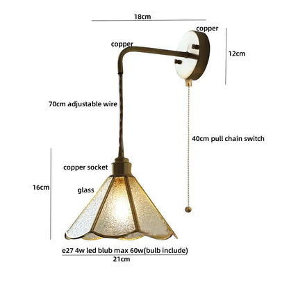 Antique brass flower led wall light with amber glass shade and adjustable 70cm wire for bedroom sconce lighting