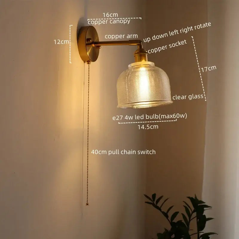 Copper wall lamp with clear textured glass sconce led shade and e27 4w led bulb ideal for bedroom lighting