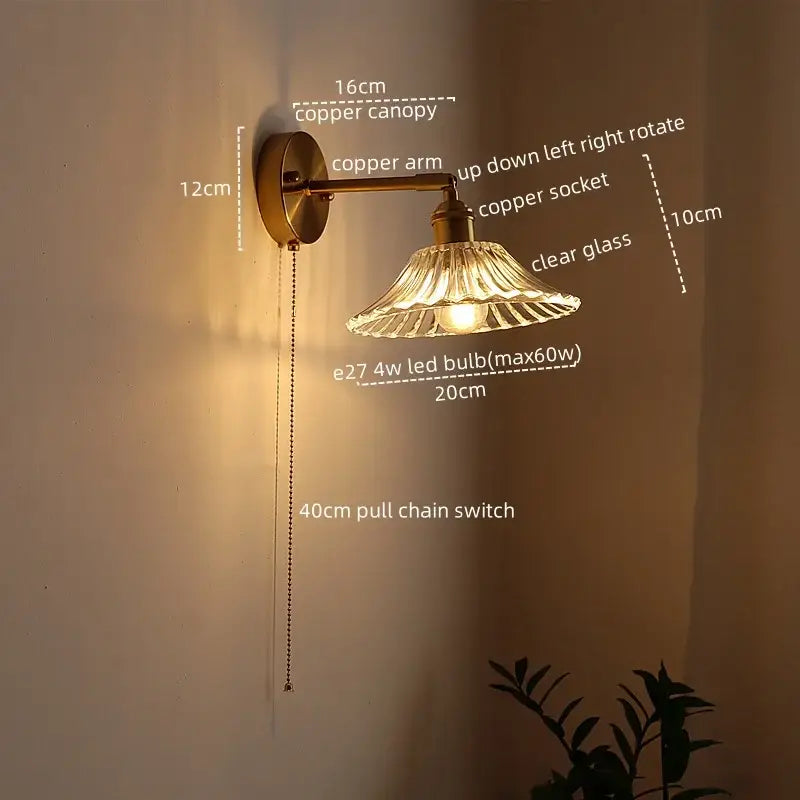 Antique brass flower glass sconce led wall lamp with copper wall lamp finish and adjustable pull chain switch for bedroom
