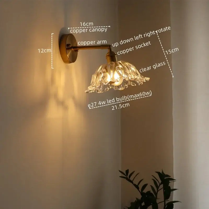 Copper-finished antique brass flower glass sconce led wall lamp with clear flower-shaped shade for bedroom use