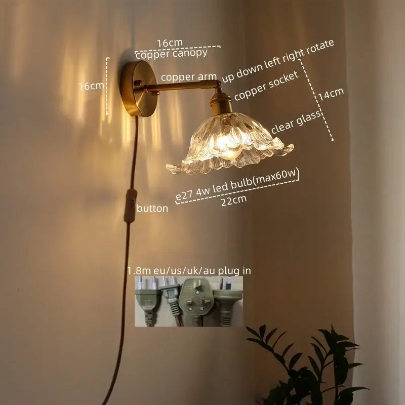 Antique brass wall lamp with copper sconce led and clear glass flower-shaped shade for bedroom lighting