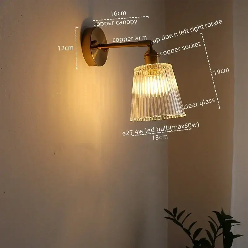 Copper-finished antique brass flower glass sconce led wall lamp with clear ribbed glass shade for bedroom