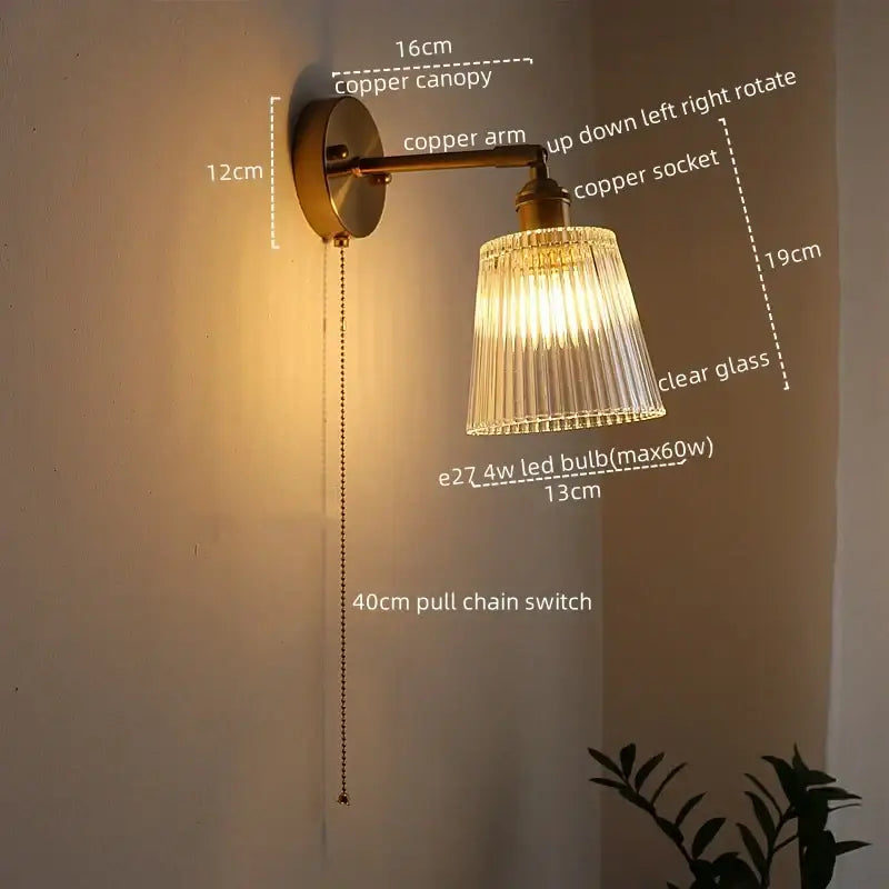 Antique brass flower glass sconce led wall lamp with copper wall lamp and clear ridged glass shade and pull chain switch