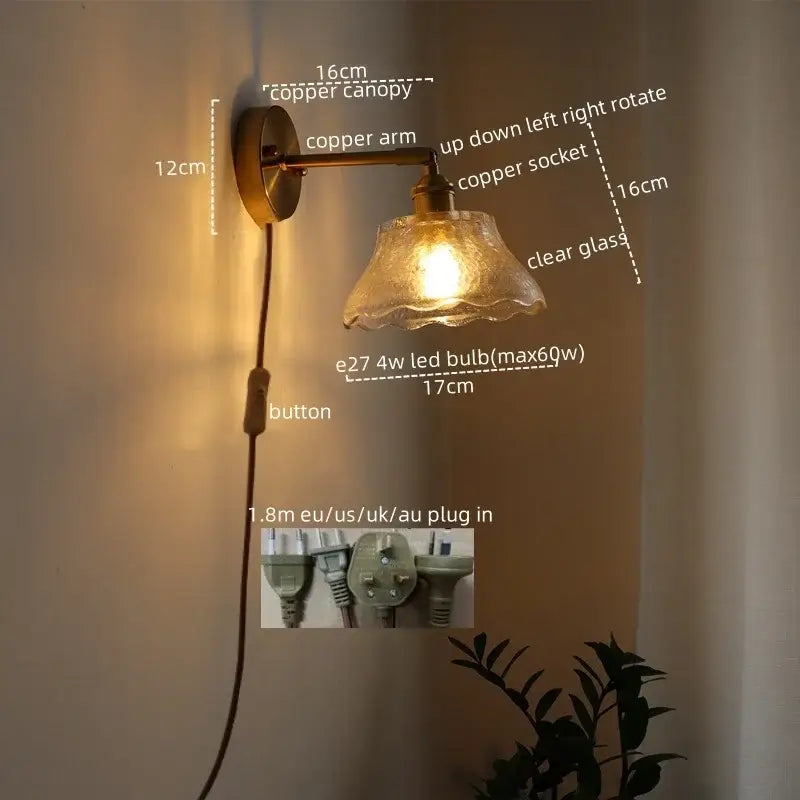Antique brass flower glass sconce led wall lamp with copper adjustable arm and clear glass shade for bedroom use