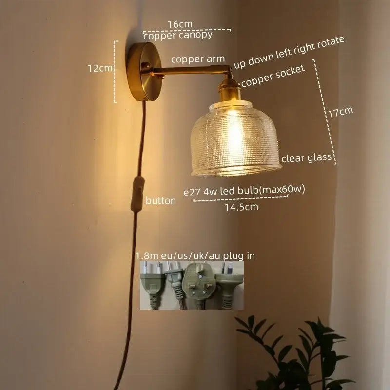 Copper wall lamp with clear textured glass shade and adjustable arm vintage antique brass flower glass sconce led wall lamp