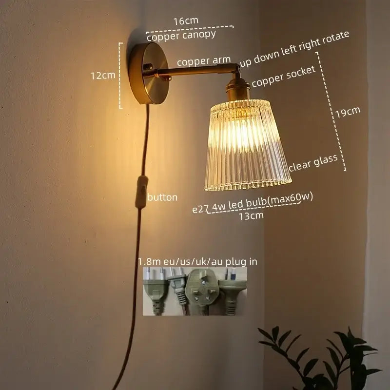 Copper-finished wall lamp with clear ribbed glass sconce led and adjustable arm for bedroom lighting