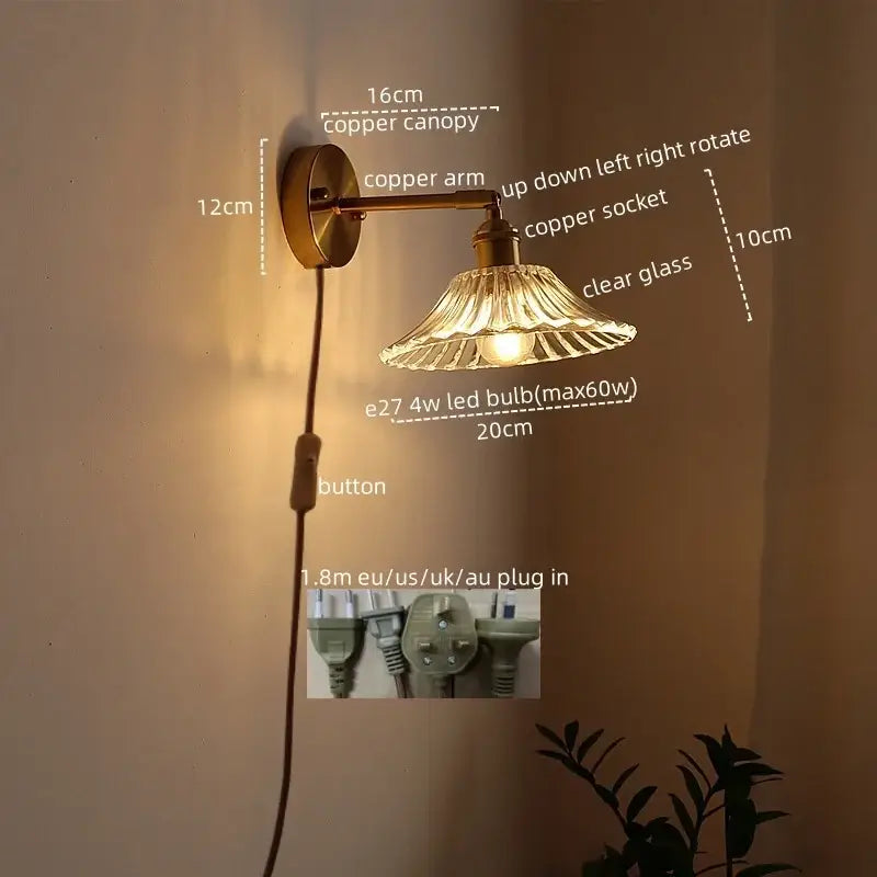 Antique brass flower glass sconce led wall lamp with copper adjustable arm and clear glass shade for bedroom use