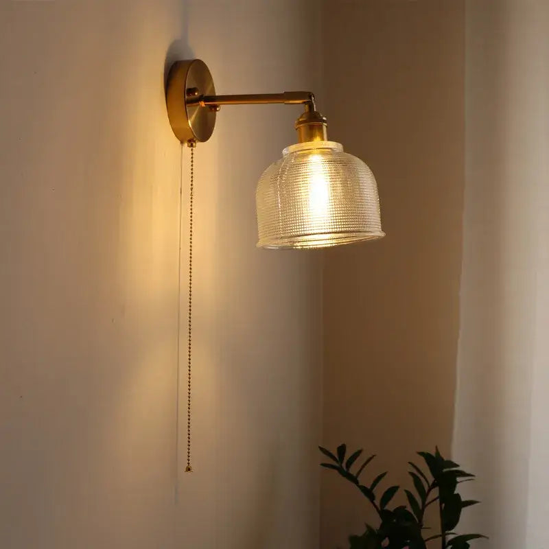 Antique brass flower glass sconce led wall lamp with textured translucent shade and pull chain for bedroom lighting