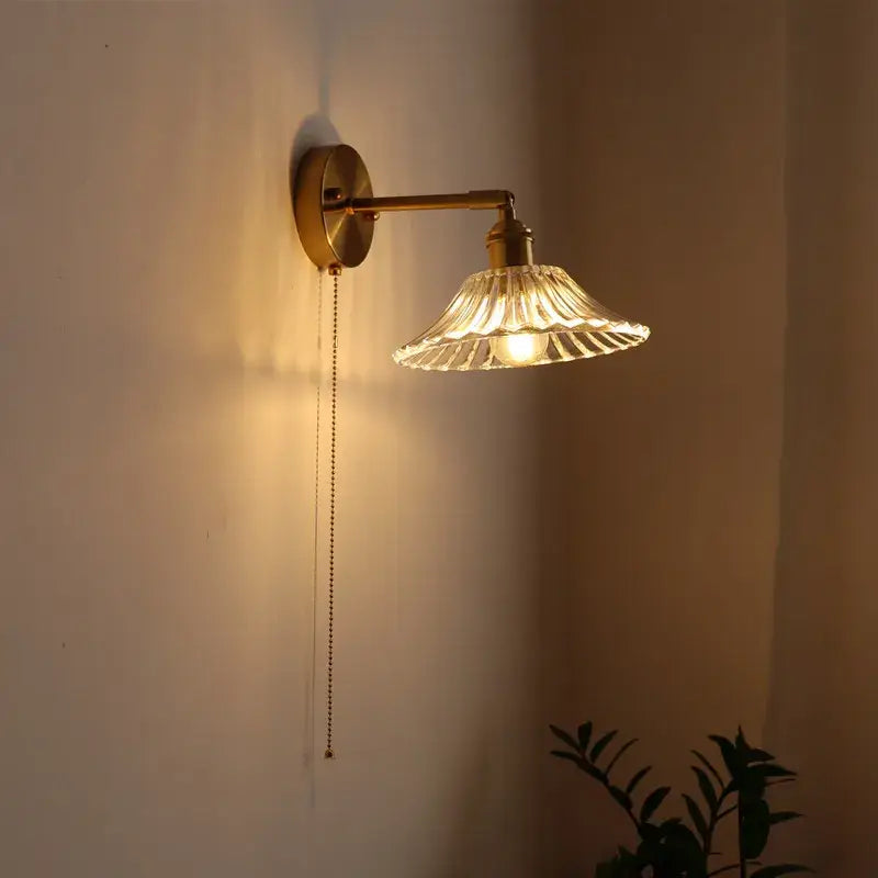 Antique brass flower glass sconce led wall lamp with fluted shade and pull chain for bedroom lighting