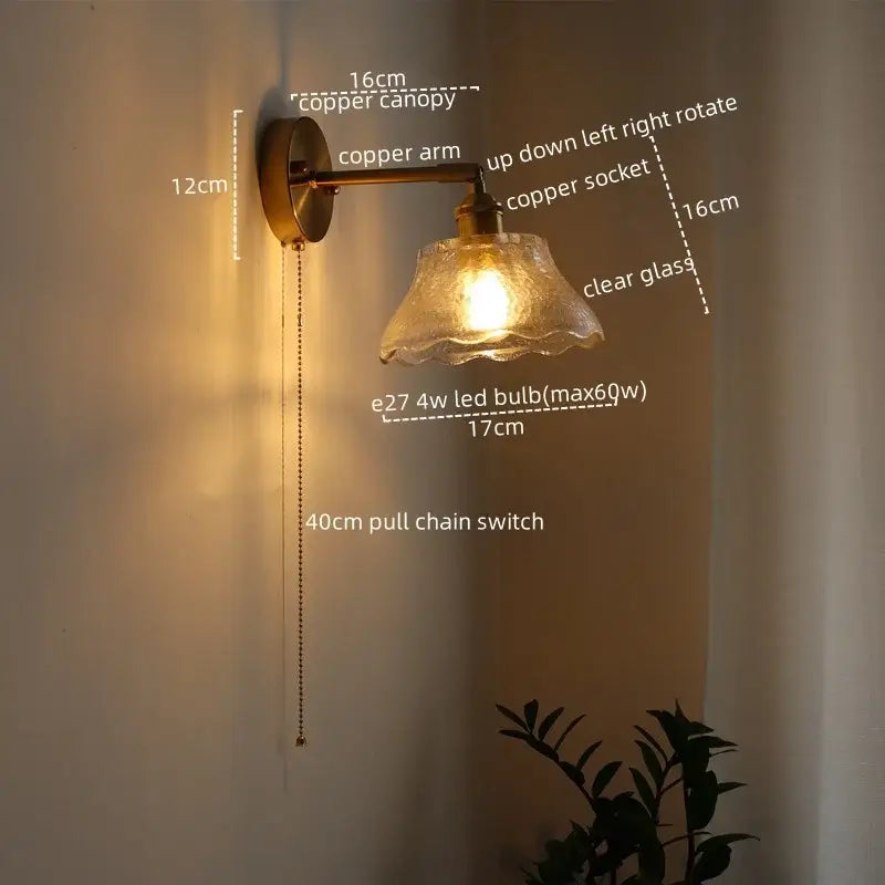Antique brass flower glass sconce led wall lamp with textured clear shade and adjustable pull chain switch for bedroom