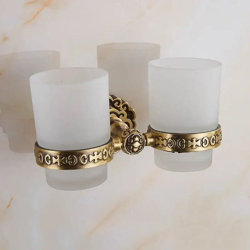 Antique brass double toothbrush holder with frosted white glass cups and ornate cross patterned metal bands decorbites brass antique