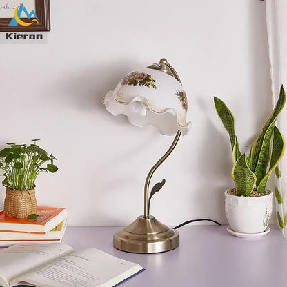 Antique brass glass flower led desk lamp with a white floral glass flower lampshade and ruffled edge