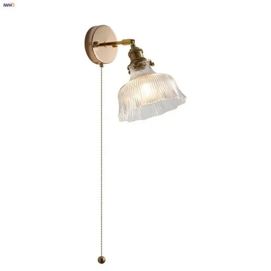 Antique brass wall sconce with clear ribbed glass rotate copper shade and adjustable pull chain for bedroom lighting