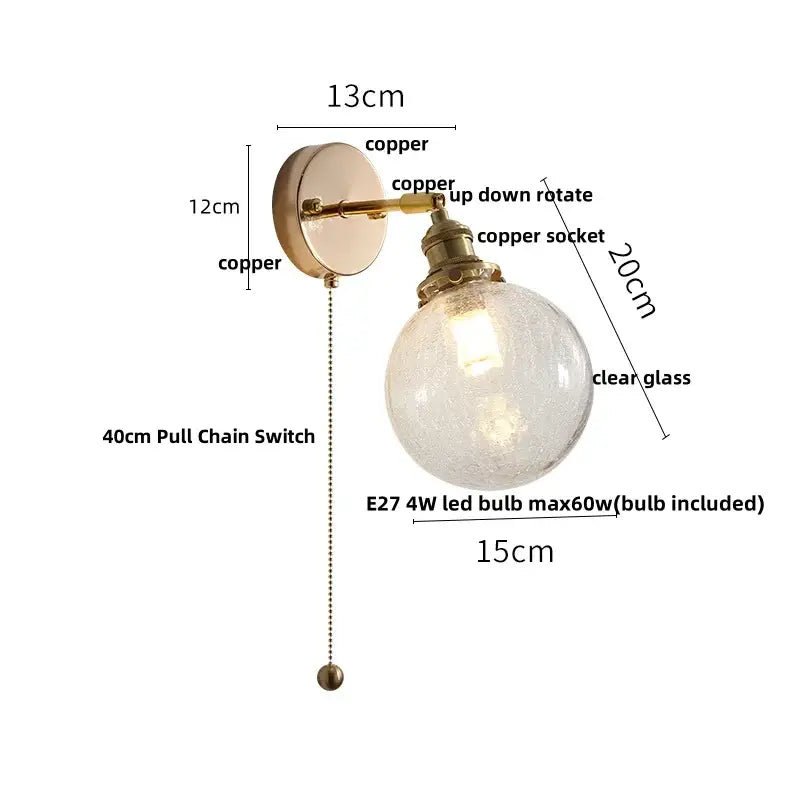Antique brass glass rotate copper wall sconce with textured clear globe and e27 led bulb for bedroom lighting