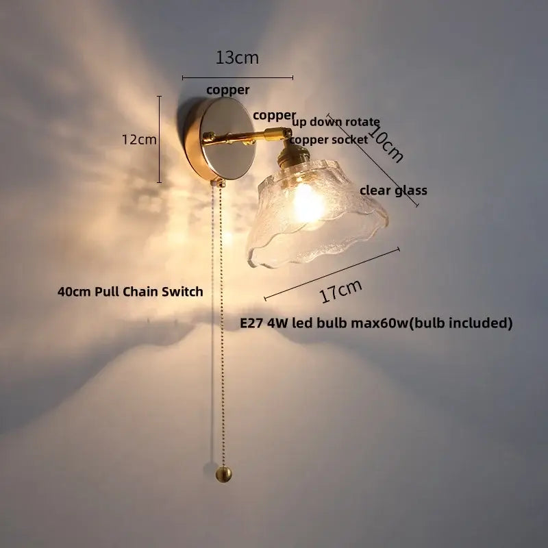 Antique brass glass rotate copper wall sconce with clear glass shade and e27 led bulb for bedroom lighting