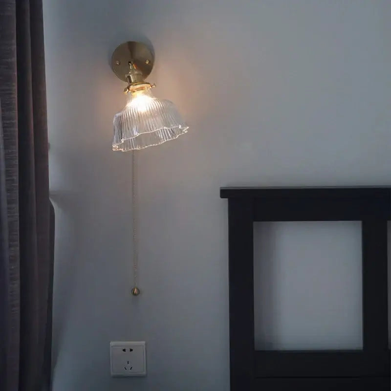 Antique brass glass rotate copper wall sconce with ribbed clear glass shade and pull chain for bedroom lighting