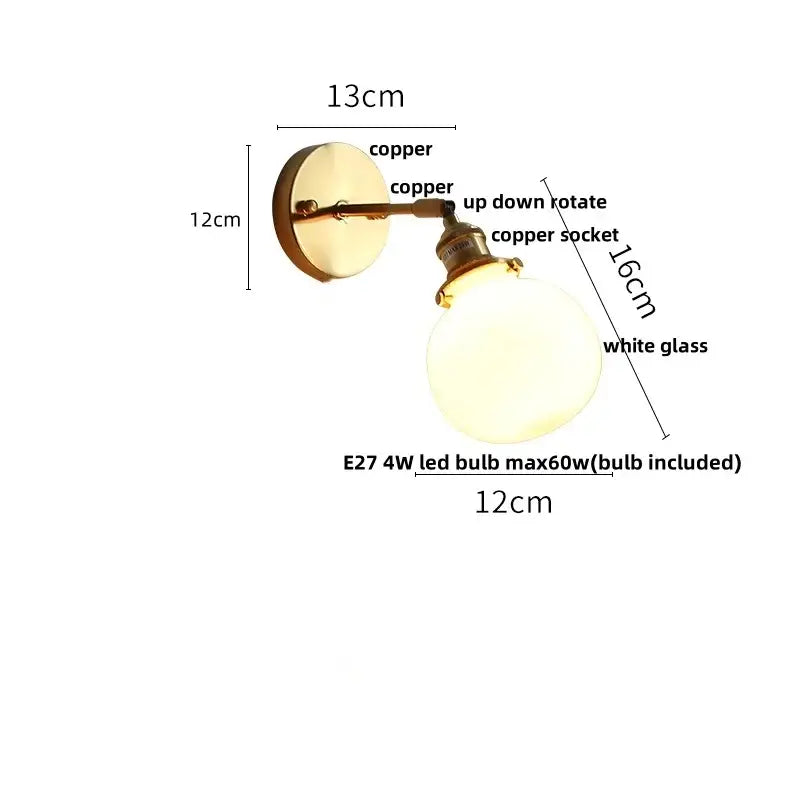 Copper-finished antique brass glass rotate copper wall sconce with round white globe and pull chain for bedroom use