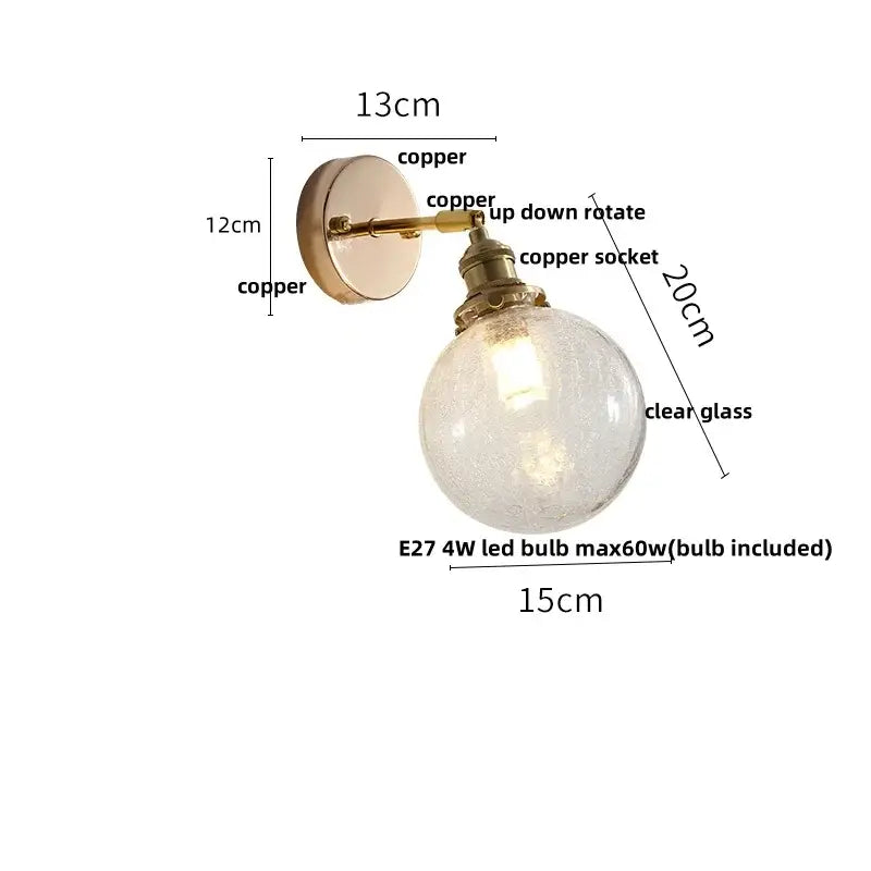 Antique brass glass rotate copper wall sconce with copper finish and crackled clear glass bulb for bedroom lighting