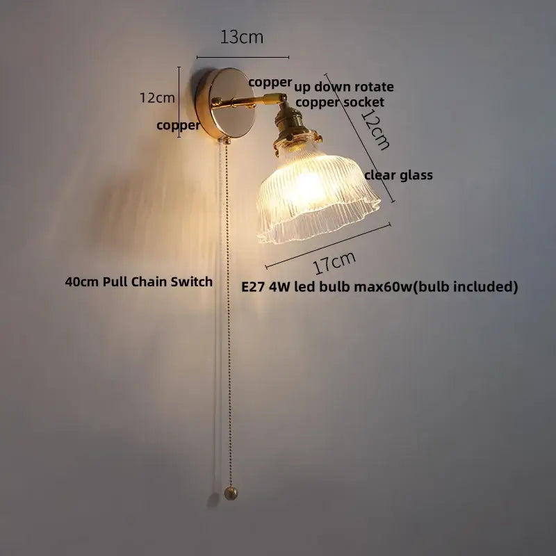 Antique brass glass rotate copper wall sconce with clear ribbed glass shade and e27 4w led bulb for bedroom lighting