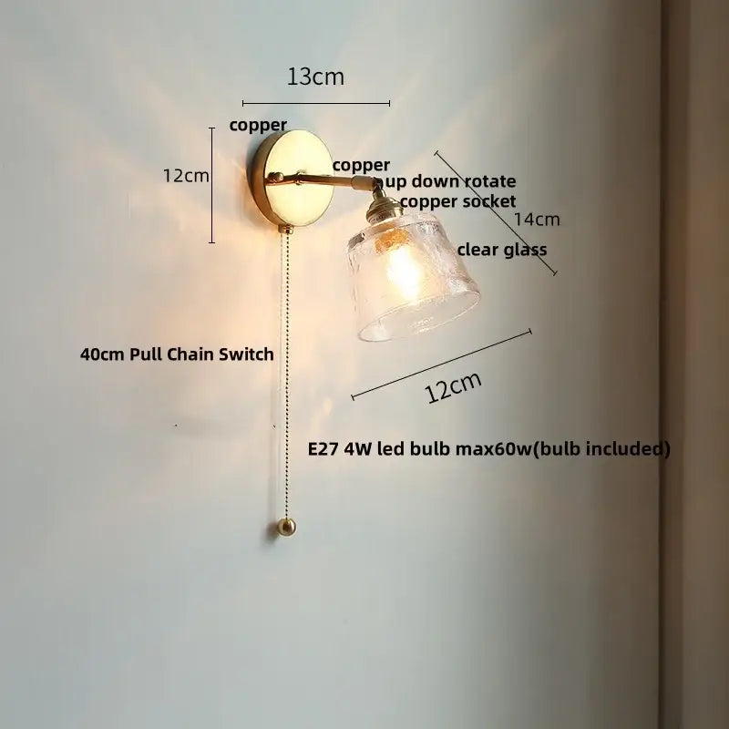 Antique brass glass rotate copper wall sconce with clear glass shade and adjustable arm for bedroom lighting