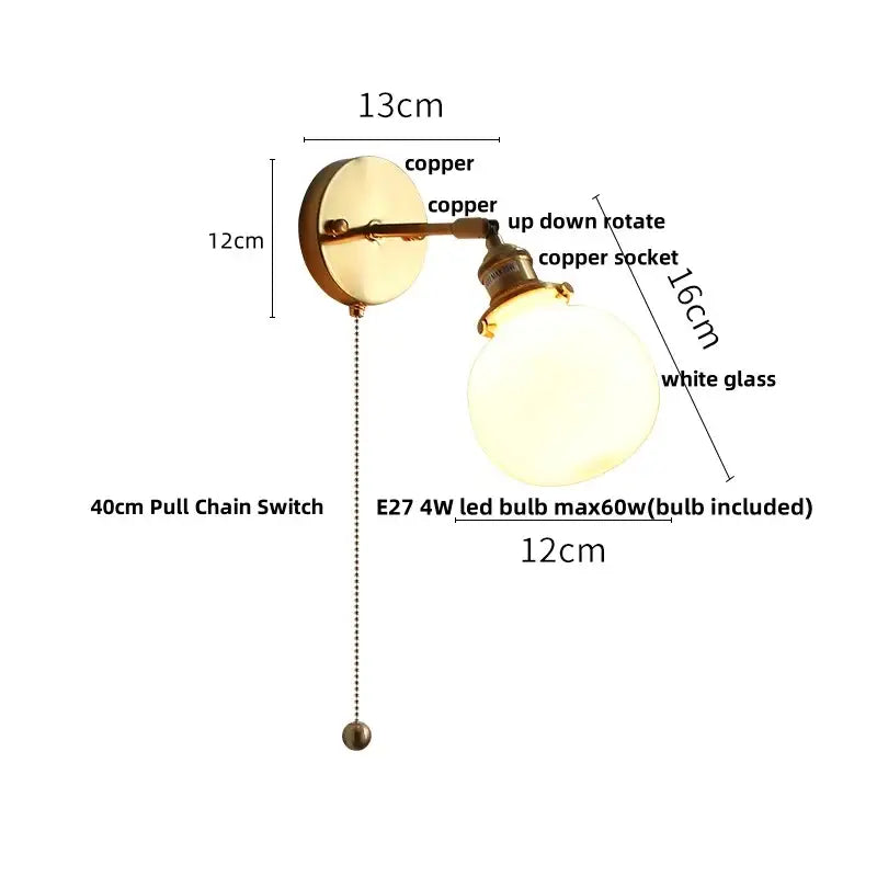 Antique brass glass rotate copper wall sconce with copper finish white glass globe and adjustable arm for bedroom use