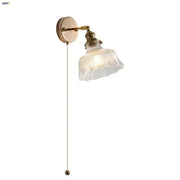 Antique brass glass rotate copper wall sconce with clear ribbed glass shade and adjustable pull chain for bedroom use